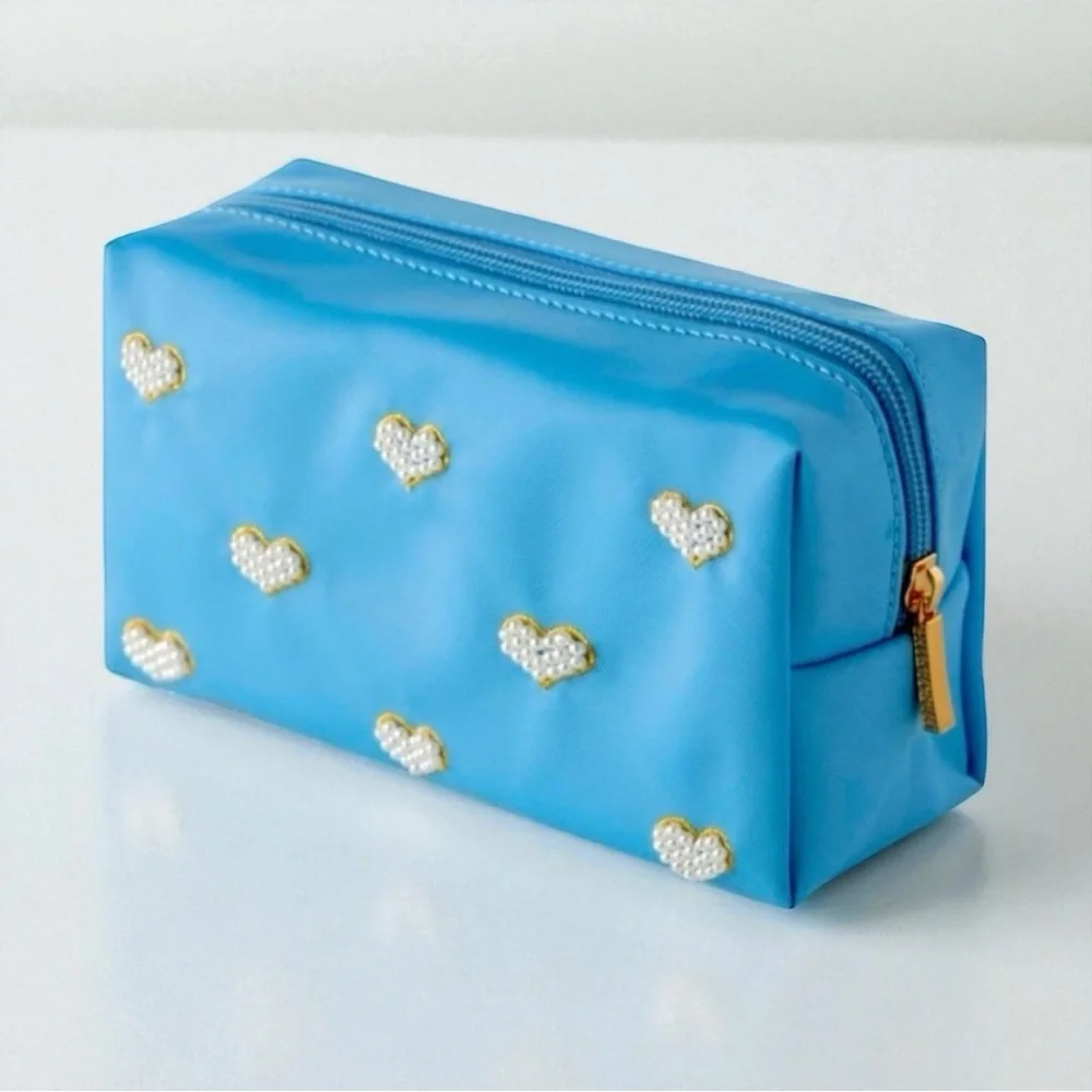 Anthropologie Blue Heart Makeup Bag Cosmetic Pouch Travel Organizer NWT